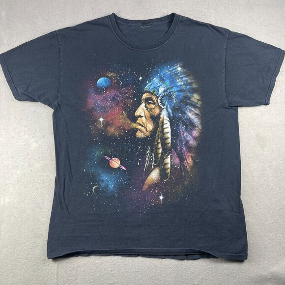Vintage Native American Chief Galaxy Planet Stars Graphic Black T-Shirt Large - Picture 1 of 6